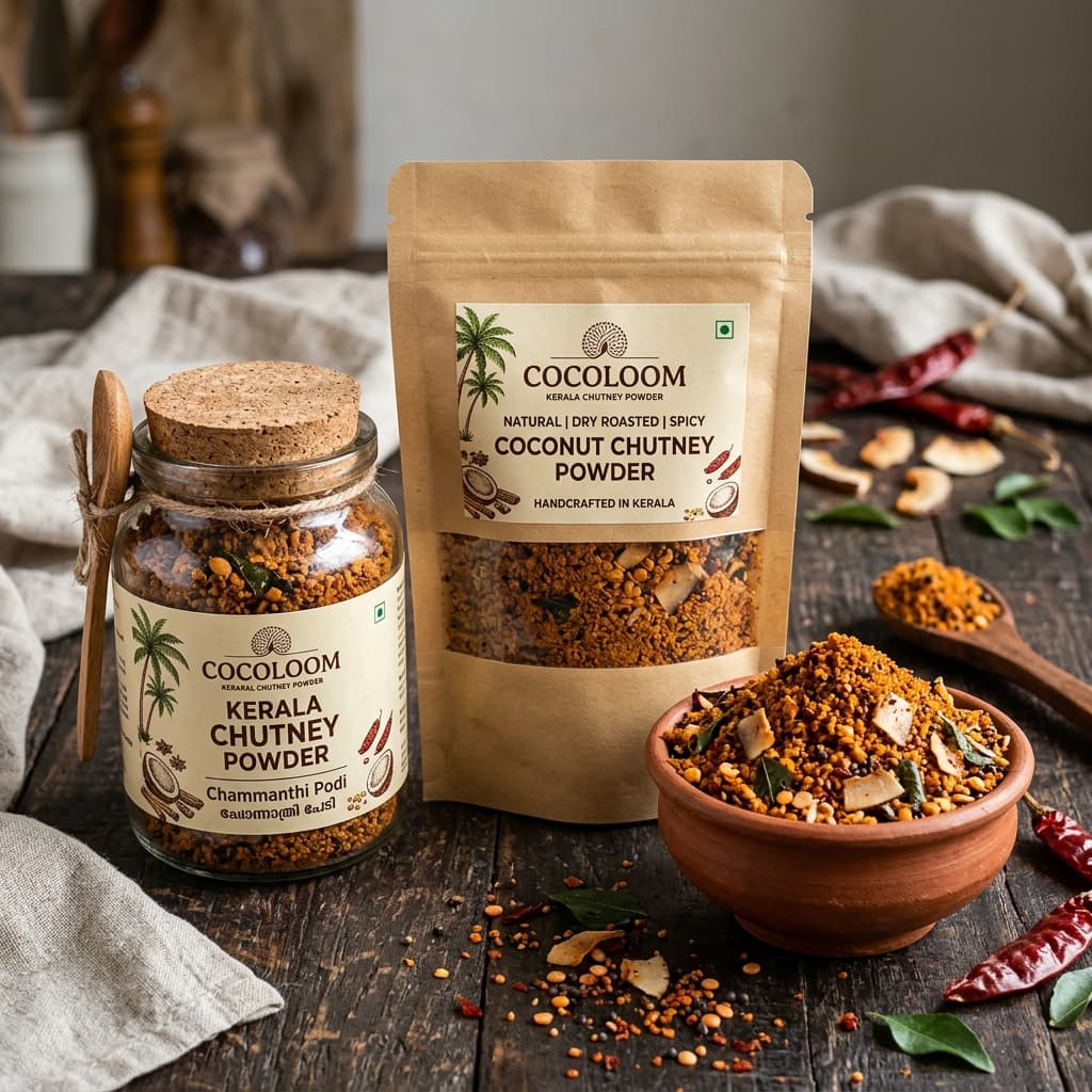 Cocoloom Kerala Dry Roasted Coconut Chutney Powder in kraft pouch and glass jar