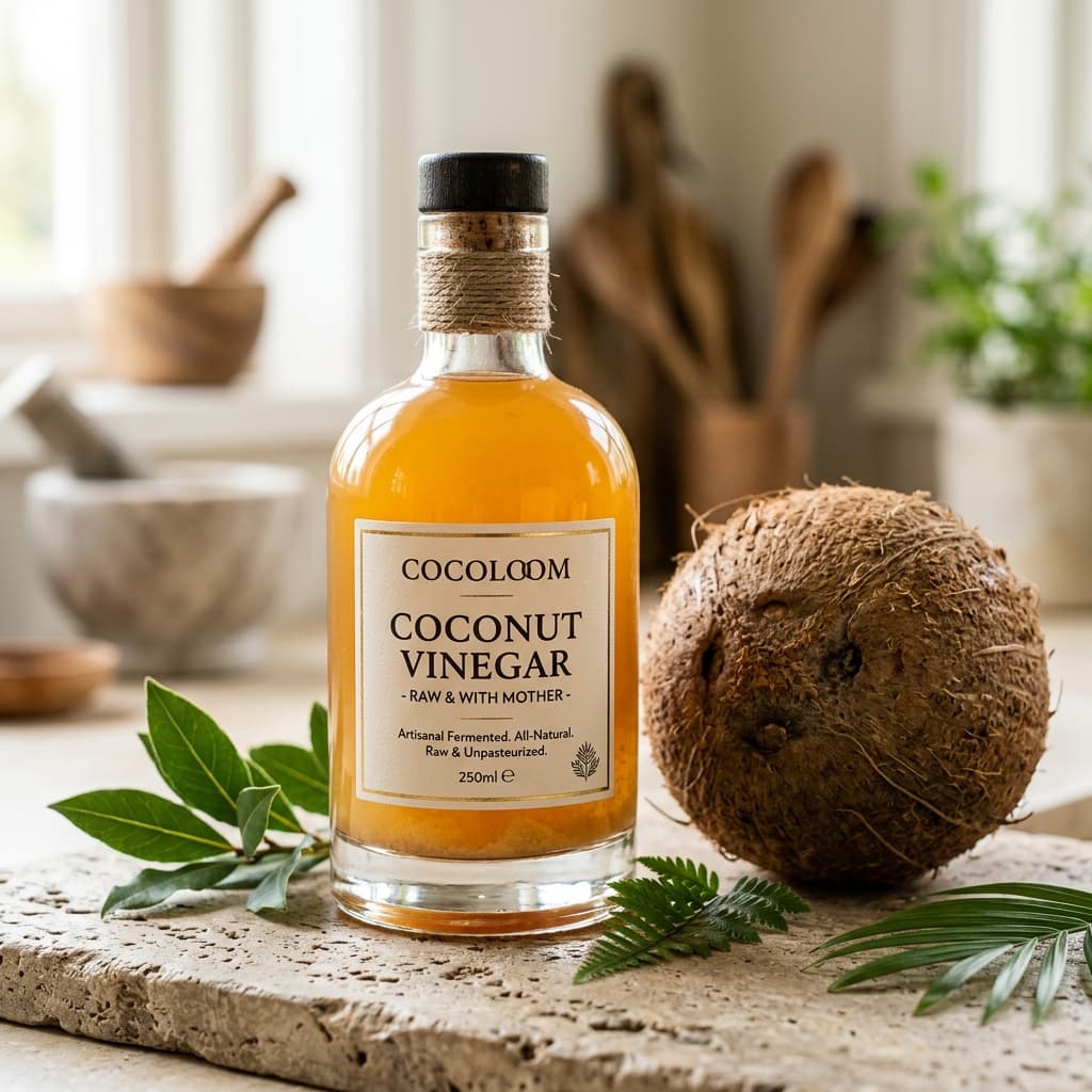 Cocoloom Raw Artisanal Coconut Vinegar glass apothecary bottle