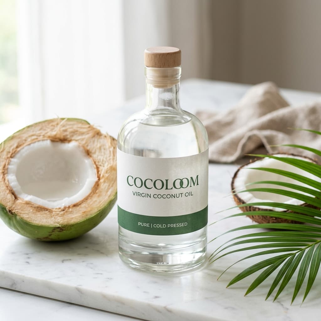 Cocoloom Pure Extra Virgin Coconut Oil bottle on marble stone